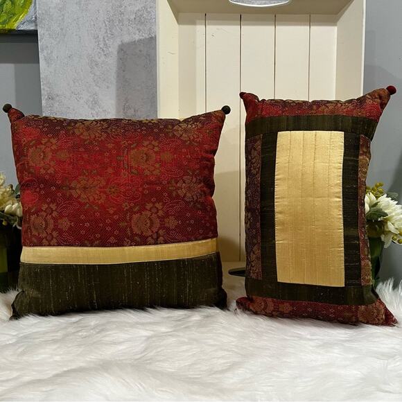 NEW Set Pier One Imports Silk Shantung Asian Floral Multi Colored Throw Pillow - Picture 4 of 16
